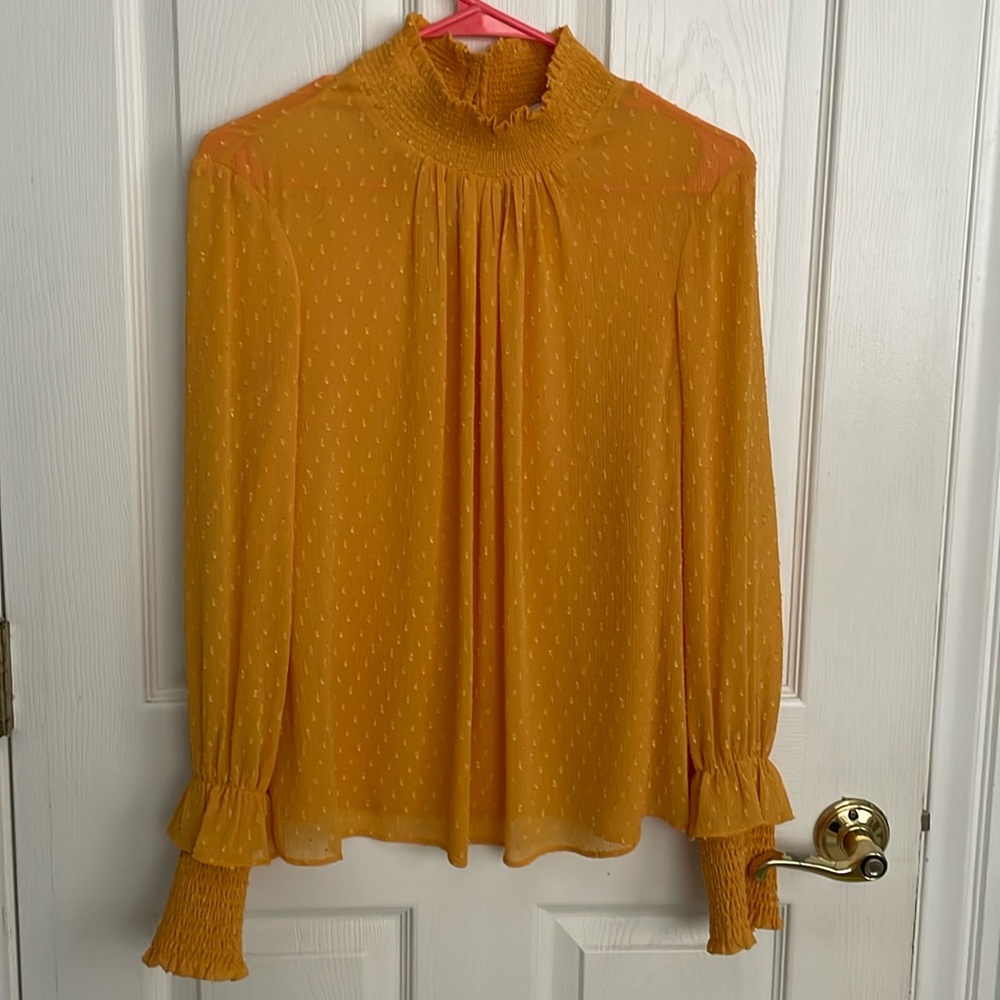 Yellow mustard colored English Factory mock neck Swiss dot blouse